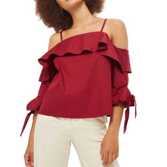 Topshop Ruffle Off The Shoulder Burgundy Top - Picture 2 of 3